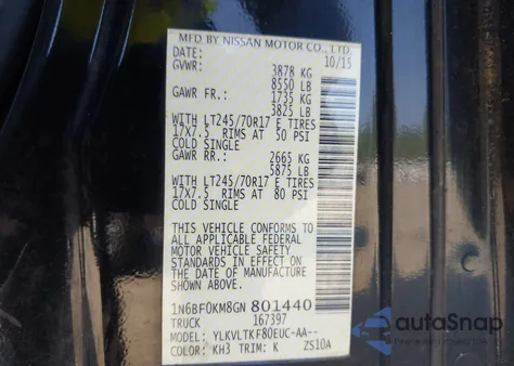 2016 Nissan Nv Cargo Nv1500 Sv V6 z USA, uszkodzony, nr VIN 1N6BF0KM8GN801440